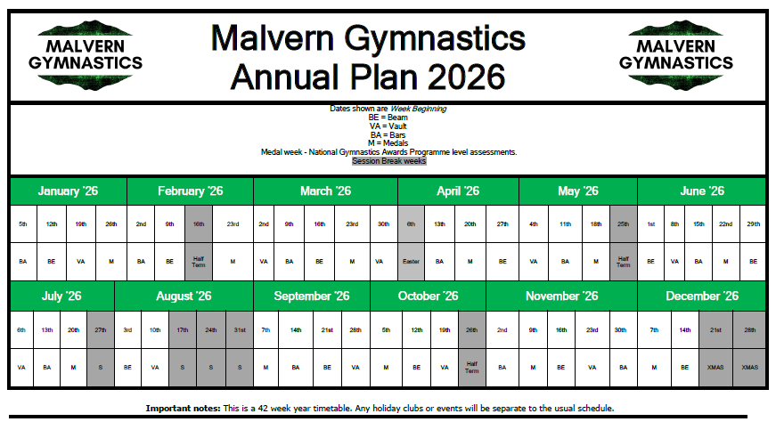 2026 annual plan gymnastics classes timetable 2026