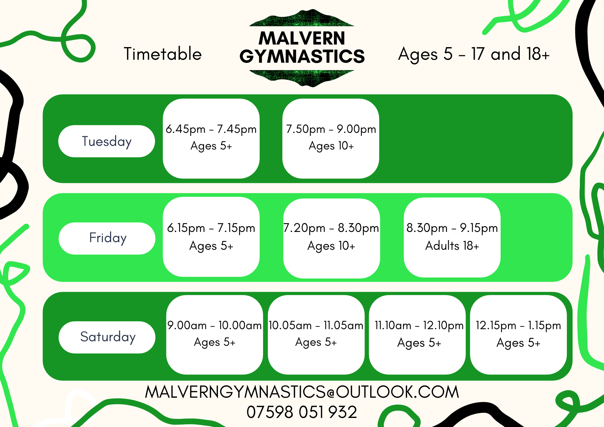 gymnastics classes schedule days and times